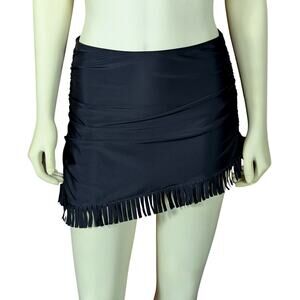 Cupshe Ruched Tummy Control Swim Skirt Womens Medium Black Fringe Beachy Retro